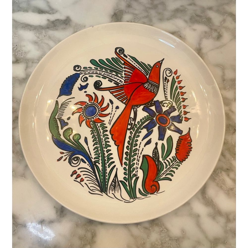 Gregorio Martinez Signed Mexican Folk Art Plate Bird Design 12” Hand Painted MCM
